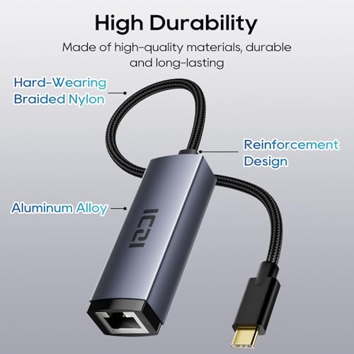 ICZI USB C to Ethernet Adapter, Plug and Play Gigabit USB C Network Adapter, Thunderbolt 4/3 to RJ45 Dongle, Aluminum Case Ethernet Adapter Compatible for MacBook Pro/Air, iPad, iPhone, XPS