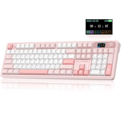 LINGBAO K108 Pro Wireless Mechanical Pink Creamy Keyboard with Number Pad | Full Size Mechanical Keyboard with 10000mAh Battery, PBT Keycaps, Gasket Mount, RGB Backlit Hot-swap Custom Keyboard for PC - color: White & Pink