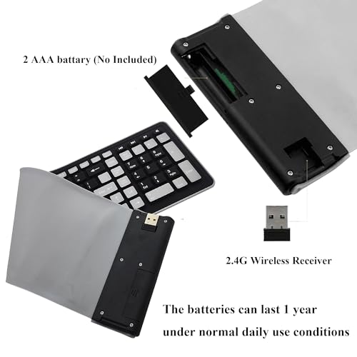 Foldable Silicone Wireless Keyboard - Mini Portable Roll Up Design, 2.4G USB Full Size with Number Pad, Waterproof Dustproof Soft Silent Keyboard for Travel, Flexible and Compact (Black)