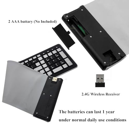 Foldable Silicone Wireless Keyboard - Mini Portable Roll Up Design, 2.4G USB Full Size with Number Pad, Waterproof Dustproof Soft Silent Keyboard for Travel, Flexible and Compact (Black)