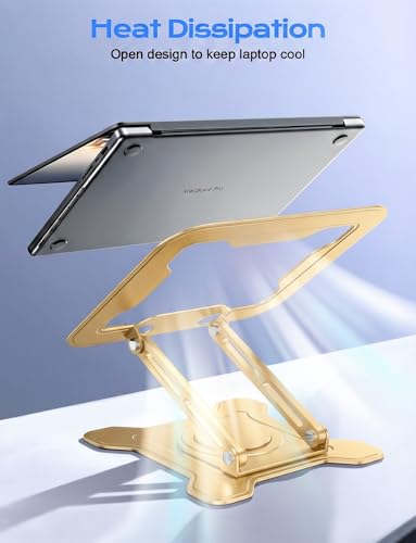 JCZT 360° Rotating Laptop Stand for Desk, Metal Foldable Laptop Riser Gold | Ergonomic Portable Adjustable Laptop Stand, Ventilated Cooling Notebook Holder for MacBook Air Pro, All 10-16'' Laptops - color: Gold
