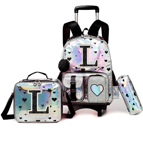 HTgroce Cute Rolling Backpack with Wheel,School Backpack for Kids Girl Roller Schoolbag Wheeled Backpacks Set Carry-on Luggage,Initial L - color: Silver, style: L