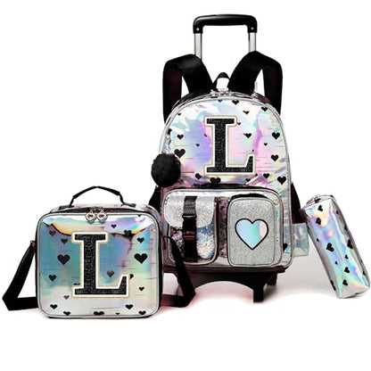 HTgroce Cute Rolling Backpack with Wheel,School Backpack for Kids Girl Roller Schoolbag Wheeled Backpacks Set Carry-on Luggage,Initial L - color: Silver, style: L