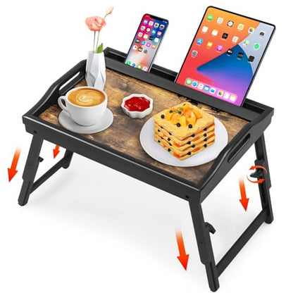 2 Pack Bed Tray Table with Adjustable Legs Breakfast Trays Serving Tray Bamboo Bed Laptap Floding Legs with Handles and Phone Holders - color: 2 Pack