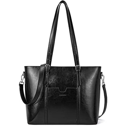 BOSTANTEN Genuine Leather Laptop Bag for Women 15.6'' Briefcase Tote Bags | Laptop Compartment, Structured, Professional, Detachable & Adjustable Shoulder Strap, Metal Feet, Work, Office, Business - color: C-black