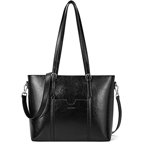 BOSTANTEN Genuine Leather Laptop Bag for Women 15.6'' Briefcase Tote Bags | Laptop Compartment, Structured, Professional, Detachable & Adjustable Shoulder Strap, Metal Feet, Work, Office, Business - color: C-black