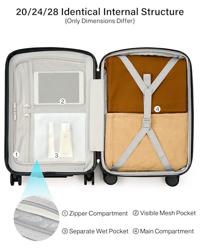 Hanke 20 Inch Expandable Carry On Luggage, Hard Shell with Side Hook | PC Hard Shell, Overhead Bin, Expandable Up to 15%, 8 Spinner Wheels, TSA Lock, Lightweight, Weekend Getaway - color: Jet Black, size: 20 Inch EXT