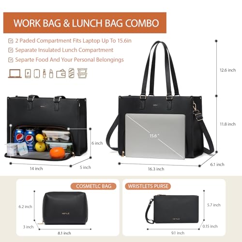 Keyli 3pcs Laptop Bag for Women 15.6 inch and Lunch Tote Bag for Women with Insulated Lunch Compartment Computer Briefcase - color: 1.0-black