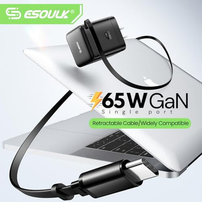 65W USB C Charger with Retractable Cable Dual Port Foldable Plug | 65W Fast Charging for Laptops Tablets and Phones, 27.5 Inch Built In Retractable USB C Cable, Dual USB C Ports