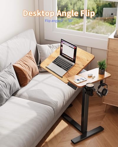 YIHAYO Adjustable Overbed Bedside Table with Wheels, 28 x 16 Inches Electric Mobile Standing Desk, Laptop Desk, Movable Overbed Tables Hospital Home Use, Rustic Brown - color: Black Frame/Rustic Brown Top, size: 28*16 Inch