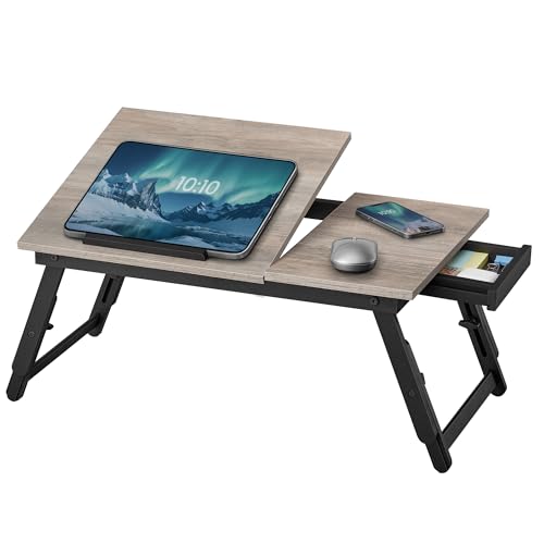 SONGMICS Bed Laptop Desk, Folding Bed Tray, Adjustable Angle and Height | Folding Bed Tray for Laptop up to 15.6 Inches, Portable for Working Reading Writing Breakfast, Drawer, ULLD105W01 - color: Heather Greige, size: 13.7"D x 21.8"W（Bamboo+MDF）
