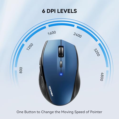 TECKNET Bluetooth Mouse, Wireless Silent 6 Buttons 2-Yr Battery, Blue | BT 5.0/3.0, 6-Level DPI to 4800, Wide OS Compatible, Ergonomic for M/L Hands, Extended Battery - color: Blue