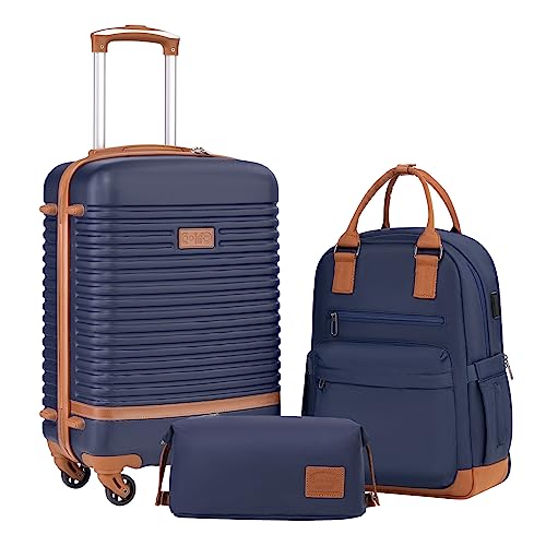 Coolife Suitcase Set 3 Piece Luggage Set Carry On Travel Luggage TSA Lock Spinner Wheels Hardshell Lightweight Luggage Set(Navy, 3 piece set (BP/TB/20)) - color: Navy, size: 3 piece set (BP/TB/20)