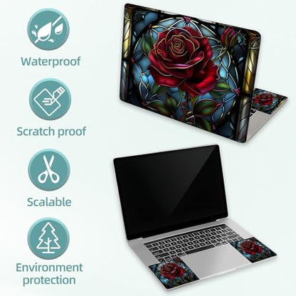 Universal Laptop Skin Decal, 3-Piece Vinyl Protector for 12 13 14 15.6" Notebook, Waterproof Anti-Scratch, Easy Trim & Bubble-Free Finish, Stained Glass Red Rose - color: Stained Glass Red Rose