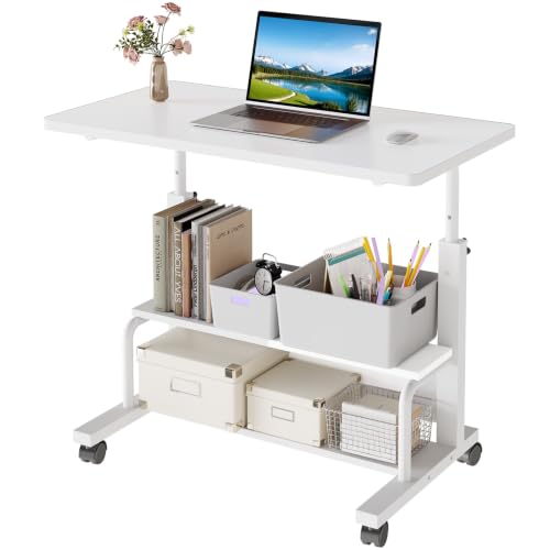 OLIXIS Rolling Desk, Storage Shelves, Laptop Table, Home Office | Height Adjustable Design, Computer Desks on Wheels, Portable for Small Spaces Use, White - color: White
