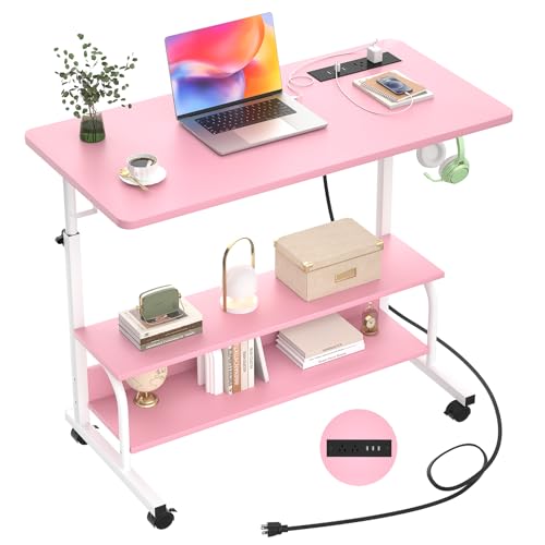32" Rolling Standing Desk with Charging Station for Couch Bed | Height Adjust 27.5-41", 2 AC/3 USB, Mobile 4 Lockable Wheels, 2-tier Shelves Hook, Safe Corner Fast Assembly - color: Pink, size: 32''