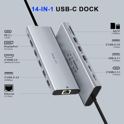 14-in-1 USB C Docking Station with 140W PD 3.1, Triple Display Docking Station (DP 1.4 + Dual HDMI 4K), 2.5Gb Ethernet Hub, 10Gbps Data Premium Laptop Docking Station for MacBook Pro, Dell XPS, HP
