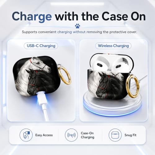 Compatible with AirPod 4 Case 2024, Cute Hard Plastic Protective Cover for Airpod 4th Generation Women, Shockproof Shell Skin with Gold Ring Keychain,Black White Horses - color: Black White Horses