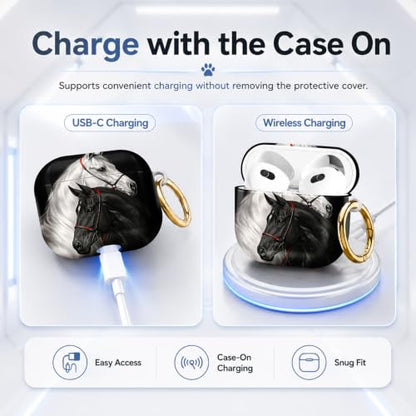 Compatible with AirPod 4 Case 2024, Cute Hard Plastic Protective Cover for Airpod 4th Generation Women, Shockproof Shell Skin with Gold Ring Keychain,Black White Horses - color: Black White Horses