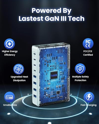 USB C Charger 200W USB C Charger Block,Upgraded GaN III 8-Port Fast Charging Station Hub,PD 65W Laptop Charging Adapter Compatible with MacBook Pro/Air,DELL,Steam Deck,iPhone 16/15/14,Galaxy S23/22 - color: Light Blue, size: 200W