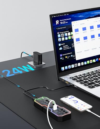Powered USB Hub, 10 Ports USB 3.0 Hub with RGB LED Strip | 12V/2A Power Adapter USB Extension,Individual LED On/Off Switches for Mac, PC, Desktop, Flash Drive, Mobile HDD