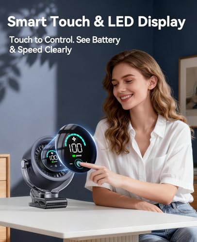 KIMMOO 4000mAh Rechargeable Portable Clip on Fan-100-Speed Touch Control, LED Display, 360° Rotate Quiet Turbo Desk Fan, Small Battery Operated USB Fan for Stroller Bed Travel Camping Golf Gym (Black) - color: Black
