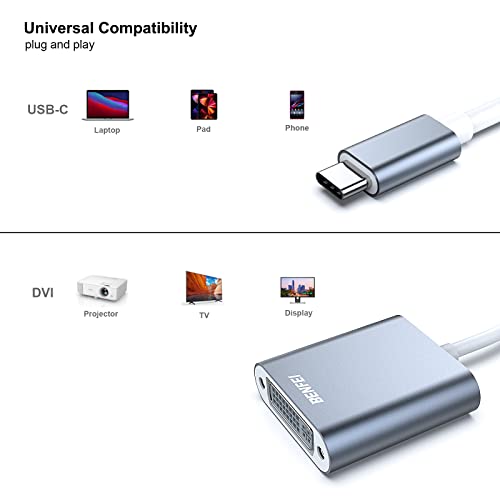 BENFEI USB C to DVI Adapter, Type-C to DVI Adapter [Thunderbolt 3/4 Compatible] with iPhone 15 Pro/Max, MacBook Pro/Air 2023, iPad Pro, iMac, S23, XPS 17, Surface Book 3 and More - Grey