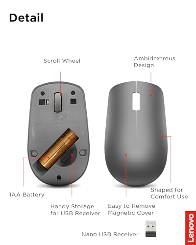 Lenovo 530 Full Size Wireless Computer Mouse for PC, Laptop, Computer with Windows - 2.4 GHz Nano USB Receiver - Ambidextrous Design - 12 Months Battery Life - Graphite Grey - color: Graphite Grey