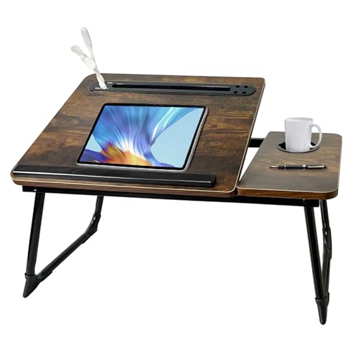 Laptop Desk for Bed, Laptops Bed Tray Desk with 5 Different Angles | Foldable Laptop Bed Table with USB Charge Port and Cup Holder for Writing Working (Rustic Brown) - color: Rustic Brown