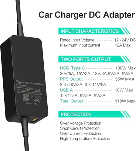 100W Laptop Car Charger USB C Car Charger for Dell Latitude/Precision/XPS, Compatible MacBook Pro/Air,HP Spectre/Elitebook,Samsung Galaxy,Asus,acer,Lenovo ThinkPad/Yoga/Idea Car Laptop Charger - color: Black