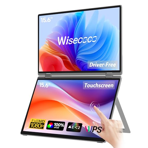 wisecoco 15.6" Dual Screen Touch Portable Monitor for Laptop Screen Extender IPS 1080P 360°Foldable Stacked Display with Kickstand HDMI USB-C for PC Laptop Windows Mac Driver-Free Flip S5+