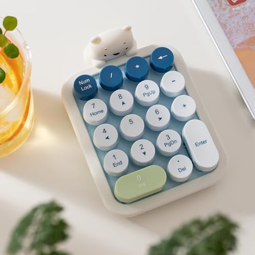 Lomiluskr Wireless Number Keypad with Cute Silicone Bear, 18 Colorful Round Keys Numpad, 2.4G USB Wireless Connection, Portable Financial Accounting Numeric Keyboard, Suitable for PC, Laptop (Blue) - color: Blue
