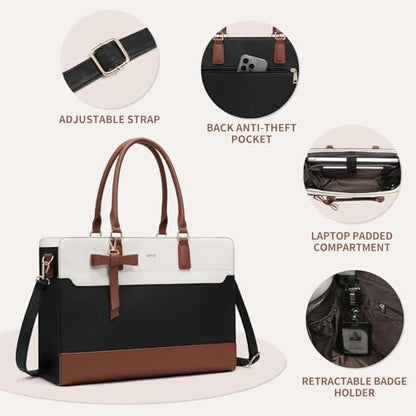 Keyli 3pcs Laptop Bag for Women 15.6 Inch Leather Work Tote Bags Professional Business Office Computer Shoulder Briefcase - color: 3pcs-black-white-brown