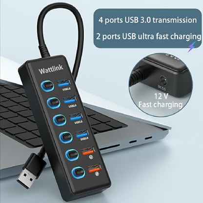 Powered USB 3.0 Hub, 6 Ports Hub Splitter with Power Adapter, 4 Data Ports + 2 QC 3.0 Fast Charging Ports, Individual LED Switches, Black