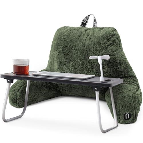 Nestl Fur Reading Pillow with Laptop Lap Desk, Stylish Back Pillow for Sitting Up, Lap Desk with Reading Pillows for Sitting in Bed Adult & Kids, Faux Fur Chair Pillow with Arms - Olive Green - color: Olive Green, size: Reading Pillow + Lap Desk