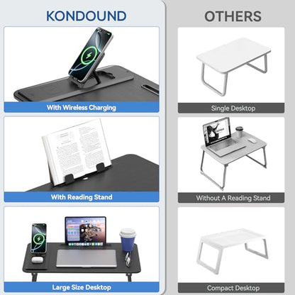 Lap Desk Bed Table with Wireless Charger - Foldable Large Laptop Tray with Tablet Slot and Book Shelf, No Assembly Table for Couch Chair Floor for Sturdy, Writing, Studying Eating, and WFH