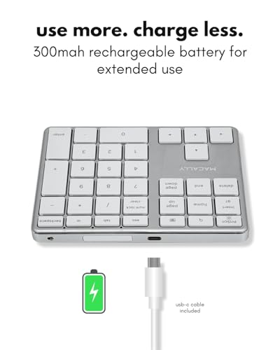 Macally Bluetooth Number Pad for Laptop - Rechargeable Wireless Numeric Keypad - Slim 35 Key Wireless Number Pad Keyboard for Data Entry, 10 Key Numpad Compatible with Mac, MacBook, iPad, PC, Windows - color: Silver
