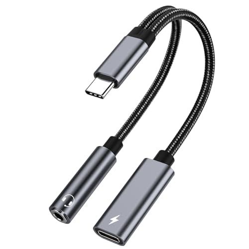 USB Type C to 3.5mm Headphone and Charger Adapter, 2 in 1 Hi-Res 32bit/384kHz Aux to USB C with Safe PD 60W Fast Charging Dongle Cable for iPhone 17/16, Galaxy S26/S25, Google Pixel 10/9, and more - color: Grey