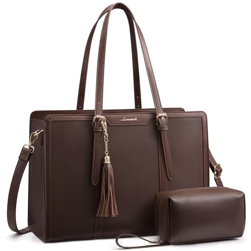 LOVEVOOK Laptop Bag for Women 15.6 inch Lightweight PU Laptop Tote Bag, Large Capacity Computer bag with Clutch Purse for Business, Work, Office, Travel, School,Casual - color: Dark Brown & Reddish Brown, size: 15.6 Inch