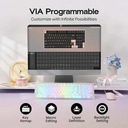 KiiBoom Phantom98 Lite 96% Wireless Mechanical Gaming Keyboard, VIA Programmable, Creamy Keyboard with Gasket, 8000mAh Battery, Hot Swap, RGB Backlits, NKRO for Win/Mac (Clear, Mochi Switch) - color: Clear, size: Mochi Switch
