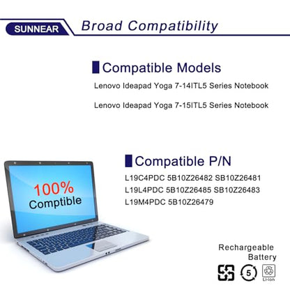 L19C4PDC L19M4PDC Battery for Lenovo Ideapad Yoga 7-14ITL5 7-15ITL5 | 15.36V 71Wh; Battery Replacement for Lenovo Yoga 7 14itl5 7 15itl5; 5B10Z26482 5B10Z26485 5B10Z26479 SB10Z26481 L19L4PDC - size: 12.71*5.39*1.06 inches L19C4PDC