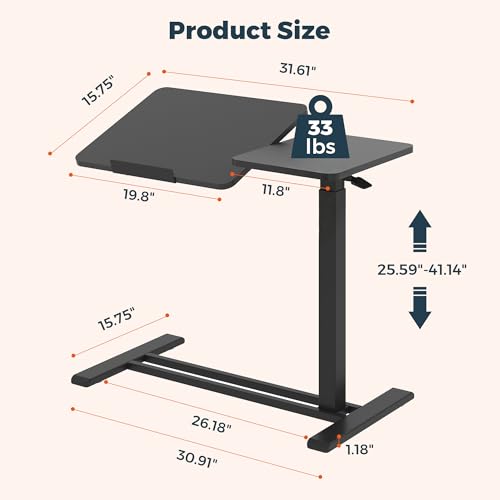 32''Large Pneumatic Overbed Tilting Bedside Table,Desk with Wheels | 31.6" x 15.7" Black Double Flip Tabletop,Hospital Medical Bedside Table,Overbed Table with Wheels,Small Standing Desk - color: Black, size: Large