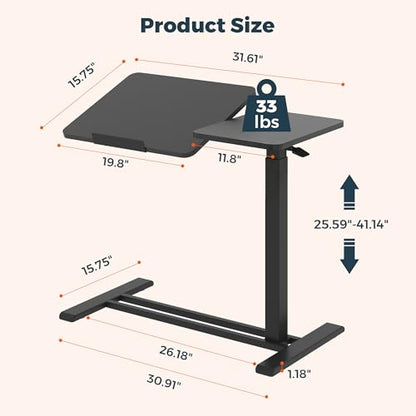 32''Large Pneumatic Overbed Tilting Bedside Table,Desk with Wheels | 31.6" x 15.7" Black Double Flip Tabletop,Hospital Medical Bedside Table,Overbed Table with Wheels,Small Standing Desk - color: Black, size: Large