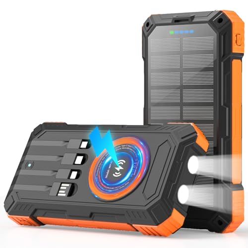Solar Charger Power Bank 49800mAh Wireless Portable Phone Charger, 22.5W QC3.0 Fast Charging Built in 4 Cables with USB C 6 Outputs & 2 Inputs for All Cell Phone