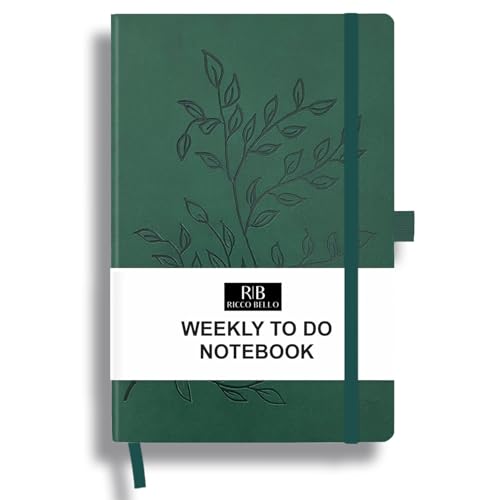 RICCO BELLO Undated Weekly Planner To Do Notebook, Green Leaves, 5.7x8.4" | Faux Leather Hardcover, Pen Holder, Bookmark & Band Closure, Storage Pocket, For Work, School, Home - color: Green Leaves