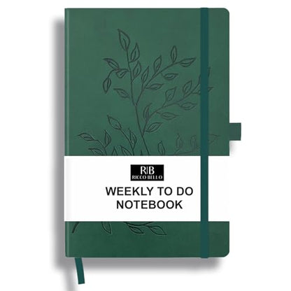 RICCO BELLO Undated Weekly Planner To Do Notebook, Green Leaves, 5.7x8.4" | Faux Leather Hardcover, Pen Holder, Bookmark & Band Closure, Storage Pocket, For Work, School, Home - color: Green Leaves
