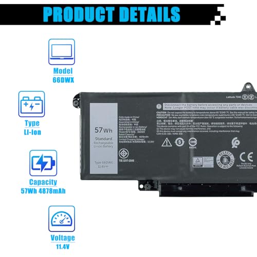 66DWX Laptop Battery Replacement for Dell Latitude 7340 7350 7440 7450 7640 7650 Series Notebook WW8N8 086D0Y 86D0Y 00HYH8 0HYH8 0CTJJ6 11.4V 57Wh 4878mAh - size: 10.51*3.52*0.25 inch 66DWX