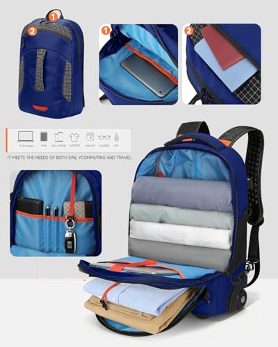 2-in-1 Detachable Backpack with wheels,56L Large rolling backpack-Splits into Daypack & Laptop Backpack Fits 17 Inch Laptop,Water Resistant Luggage suitcase,Air Travel,Weekend Trips - color: Blue