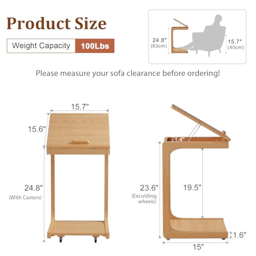 AQIMUELE Wooden C-Shaped End Table,Couch Table with Adjustable Desktop,Small Rolling Side Table with 2 Lockable Wheels,Small End Table for Couch, Living Room,Bedroom (Natural) - color: Natural, size: 15.6"D x 15.7"W x 24.8"H, style: Modern 2 Tier
