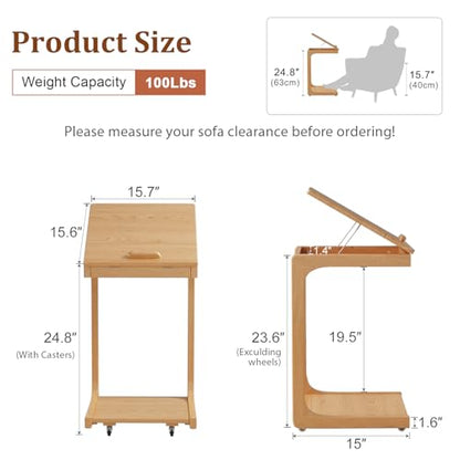 AQIMUELE Wooden C-Shaped End Table,Couch Table with Adjustable Desktop,Small Rolling Side Table with 2 Lockable Wheels,Small End Table for Couch, Living Room,Bedroom (Natural) - color: Natural, size: 15.6"D x 15.7"W x 24.8"H, style: Modern 2 Tier